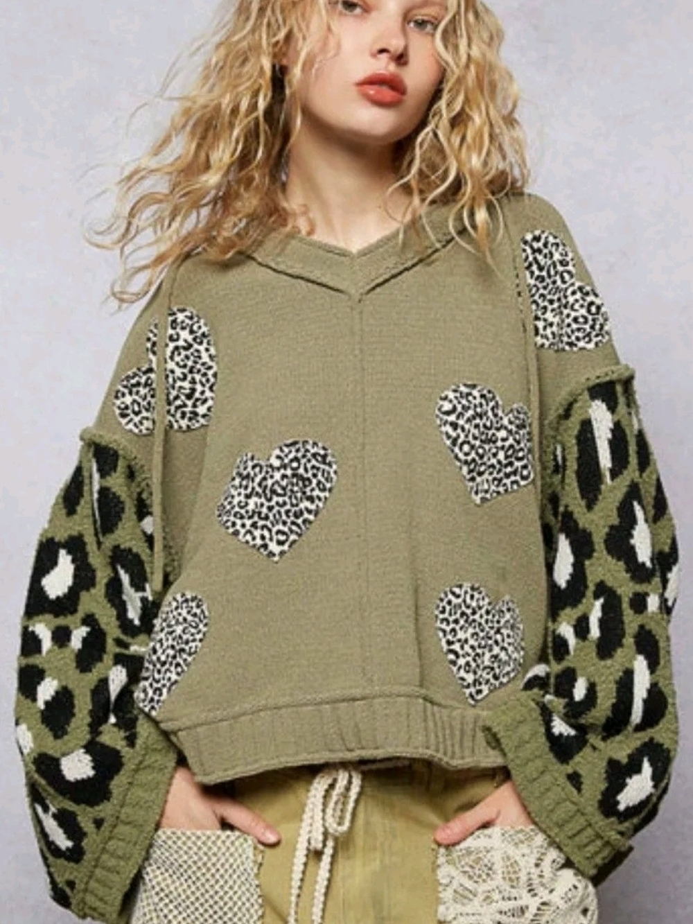 POL Chunky knit Olive Green Heart & Leopard Print Hoodie Sweater